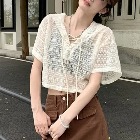 (엄지척) 여자 크롭 여름 트렌드 스트링 후드 데일리 반팔 1P_19802550_667501