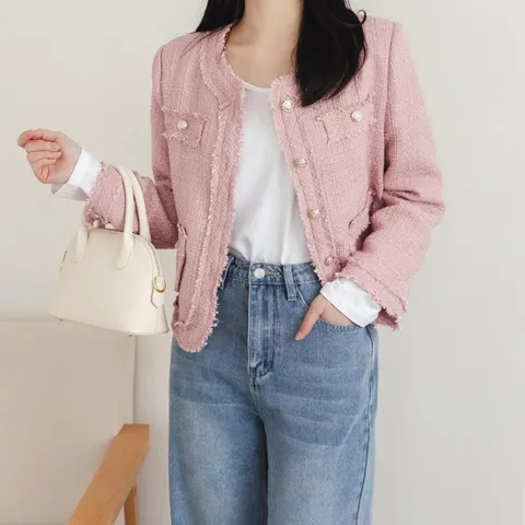 여성 하객룩 페이크포켓 트위드 노카라 자켓