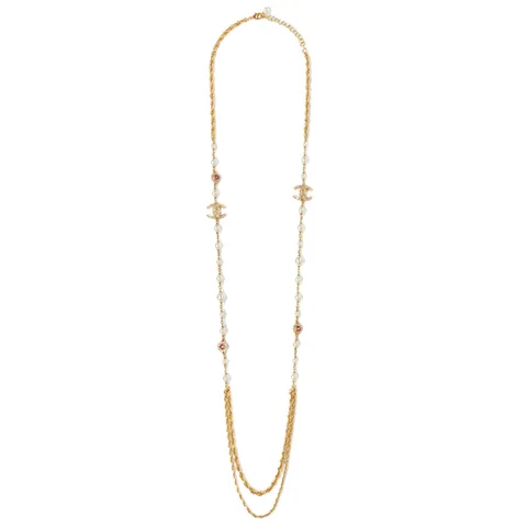 샤넬 골드 핑크 CC 크리스탈 펄 목걸이 ABA044