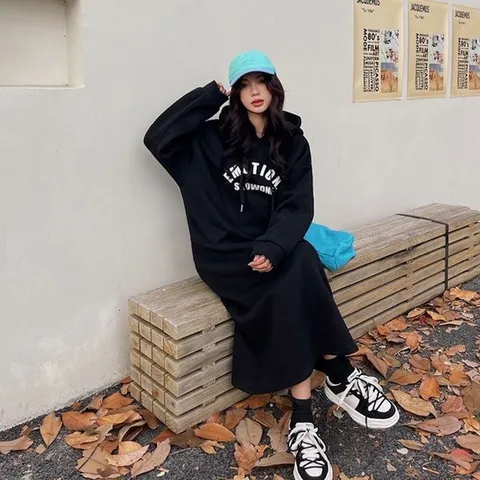 이모션 기모 후드 롱 캐주얼 원피스 데일리 베이직 (WD44251)