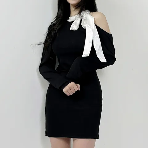 몸매보정 새틴 넥리본 어깨트임 슬림 미니 원피스 (WDCD504)