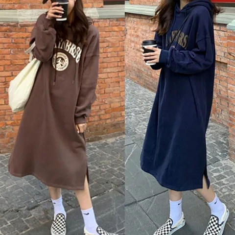 루즈핏 롱 기장감 트임 레터링 포인트 후드 원피스 (W863A9D)
