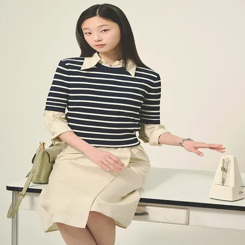 (빈폴레이디스) 레이온 혼방 스트라이프 풀오버  네이비 (BF5351C02R) .