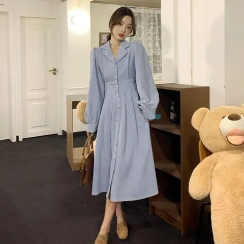 여성 코듀로이 카라 롱원피스 뒷밴딩 진주단추 원피스 (WDE061A)