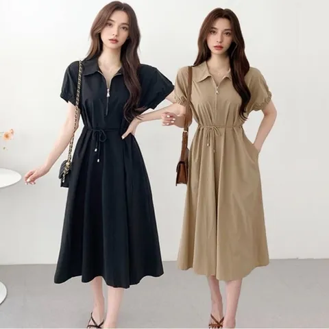 여성 여름원피스 반팔 카라 집업 레이스업 롱원피스 (WE96237)