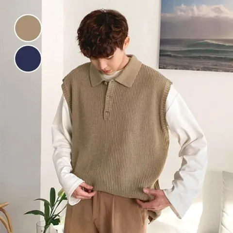 봄 가을 패션 남성 포인트룩 카라 니트 조끼 베스트 (WD513E8)