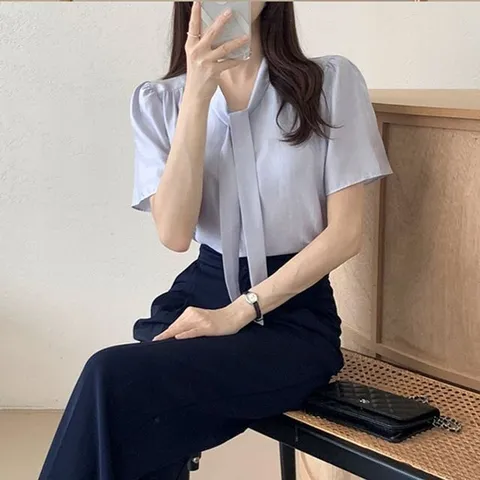 (오너클랜) 인기상품 여성 라벤더 블라우스 리본 반팔 오피스룩 WFKQ94Z_260412
