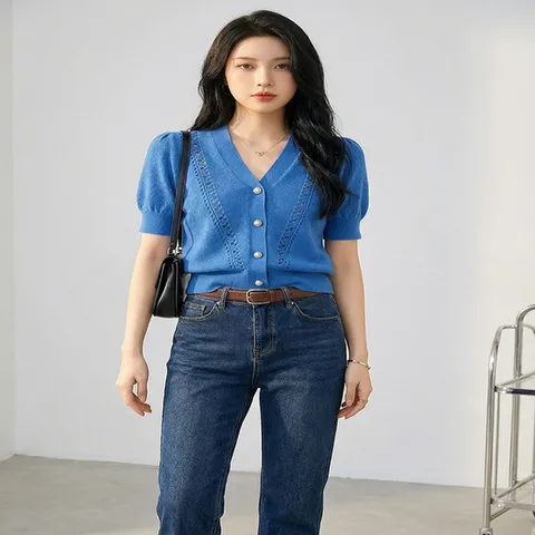 (휴드) 코발트블루 v넥 반팔 니트 가디건