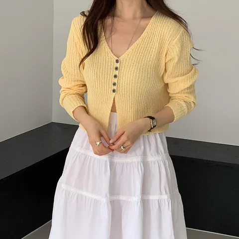 (미라클세븐) 여성 여름 브이넥 버튼 린넨 골지 볼레로 가디건
