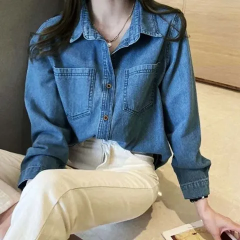 (HS라이프) 남방 셔츠 블라우스 여성 진청 루즈한 실루엣 빈티지 데님