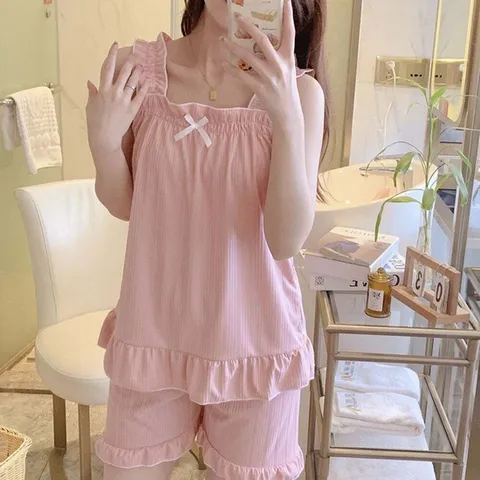 (HS라이프) 잠옷 파자마 홈웨어 프릴 나시 리본 DS5035