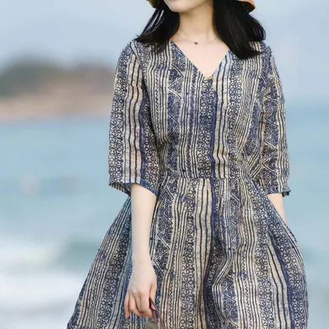 (HS라이프) 원피스 OPS 홈웨어 브이넥 모시 여성 반팔 휴양지 바캉스 여름