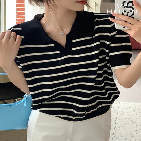 (헬렌) 헬렌 단가라 카라넥 카라니트 반팔 반소매 스트라이프