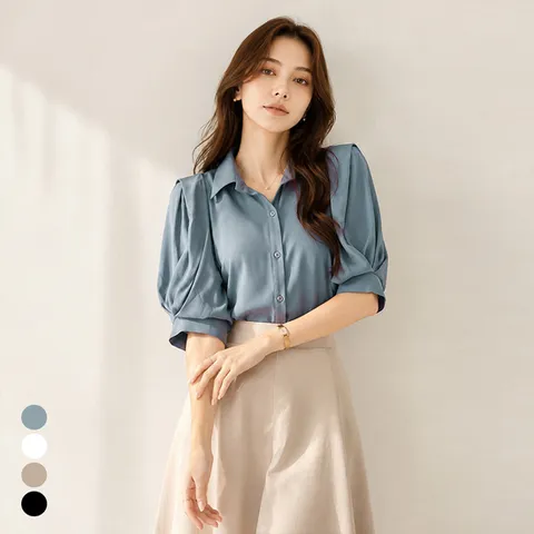 [커스텀에이블] 핀턱 퍼프소매 카라 블라우스_T2608BL119C