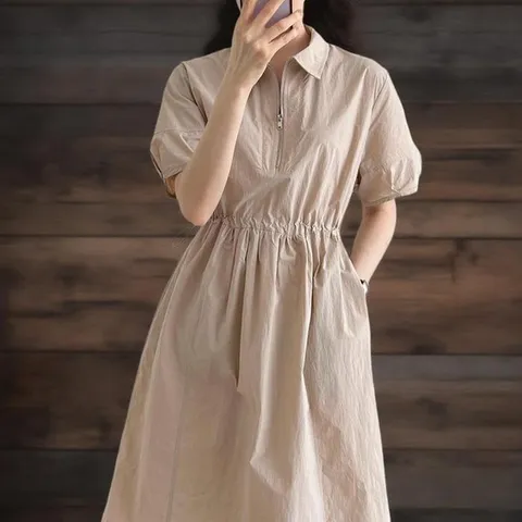 (신상오픈런) 여성 반집업 카라 아노락 스트링 소매 긴 원피스 (33265351)