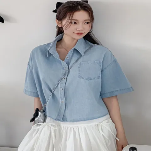 (하젤) 로밍 실켓 데님 반팔 크롭 셔츠_M4851