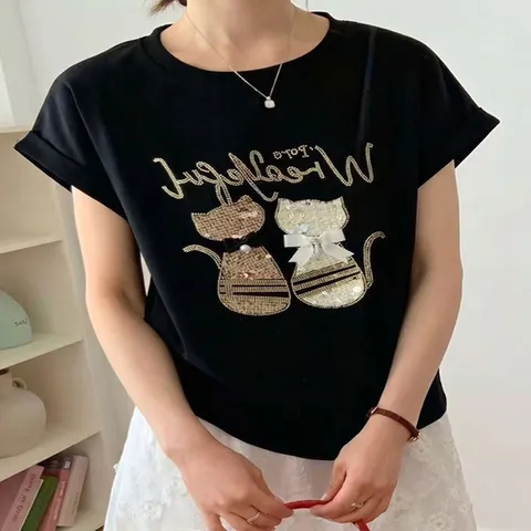 (하젤) 스팽글캣 라운드넥 반팔 스판 티셔츠_M4791