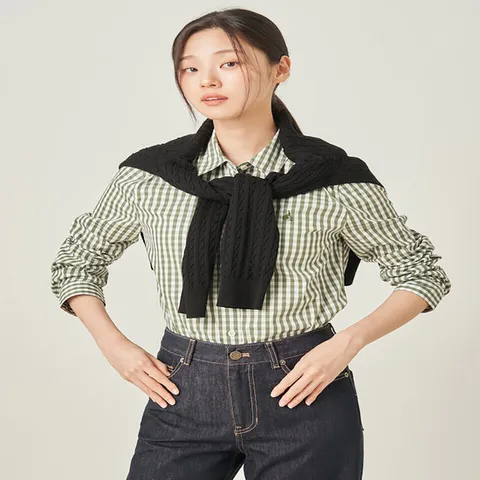 (빈폴레이디스) 코튼 깅엄 체크 슬림숏 셔츠 카키 (BF5864C07H)