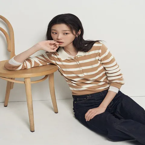 (빈폴레이디스) 울 T칼라 스트라이프 풀오버 베이지 (BF5951C02A)