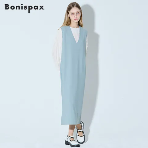 (보니스팍스) 보니스팍스(Bonispax) 브이넥 베스트형 롱 원피스 (택가격 139000원)