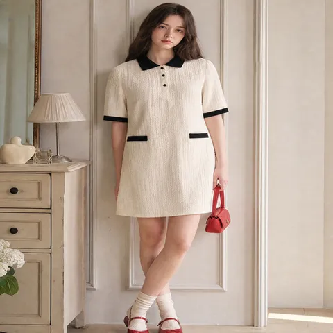 (올리브데올리브) 올리브데올리브 배색카라 반팔 미니 원피스 YW5AO2030