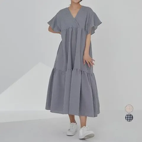 캐럿 여성용 빅사이즈 깅엄체크 반팔 롱 원피스