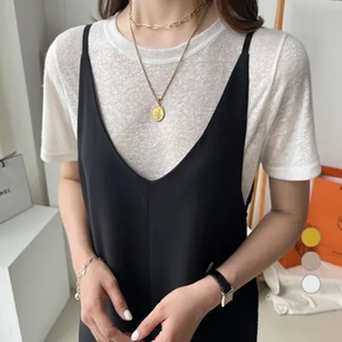 세컨그라운드 여성용 쿨 린넨 라운드 반팔 티셔츠