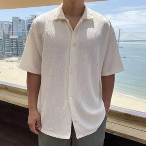 머시따 남성용 오버핏스마트 펀칭 디테일 린넨 오픈카라 반팔 셔츠