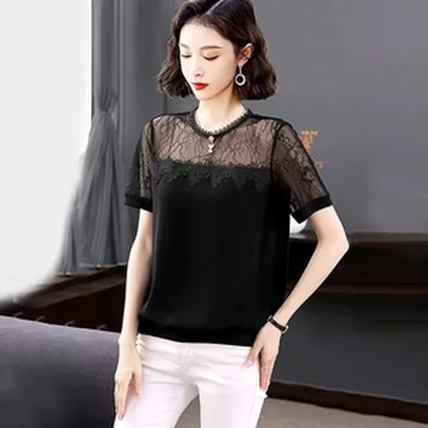 2종세트 레이스시스루블라우스 레이스블라우스 쉬폰블라우스 여름티셔츠 자수셔츠 쉬폰 40대 50대 엄마옷