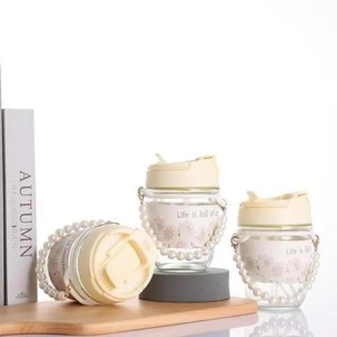 타파물통 진주 체인 투명 유리 물컵 고가 이중 컵 물병, 350ml-500ml, 보라색