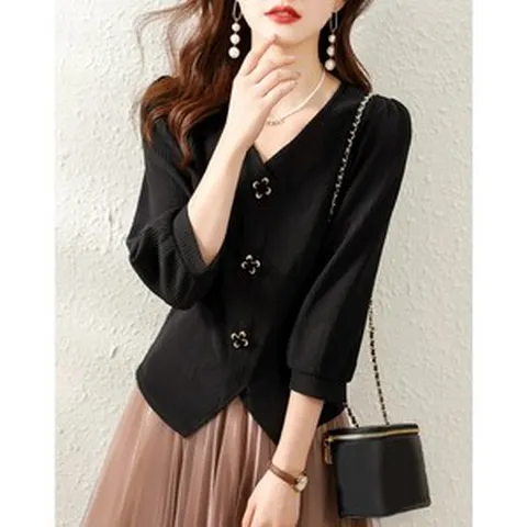 POMTOR 여자 블랙 심플한 빅사이즈 풀오버 가디건 7부 니트