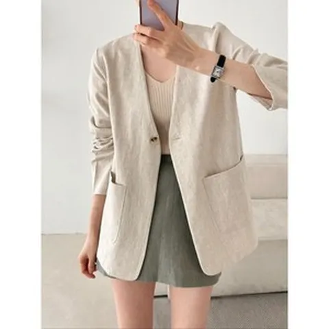 린넨 싱글 버튼 노카라 봄 여름 심플 무지 린넨마자켓