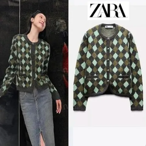 자라 다이아몬드 자카드 니트 가디건 zara