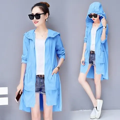 FANSYLI 롱 바람막이 점퍼 여성 여름 빅사이즈 후드집업 자외선 차단코트 0319F03