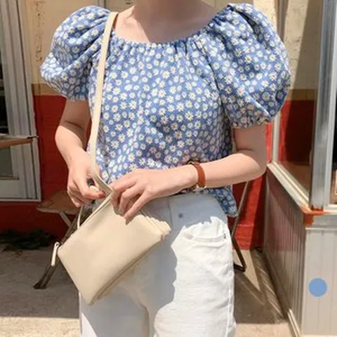 라라벨 여성용 블라우스 라운드넥 오프숄더 플라워 퍼프 로맨틱 반팔 블라우스