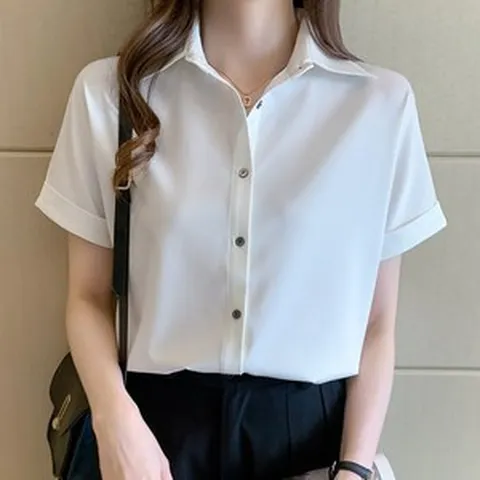 비아이와이 여성 여름 고급 슬림핏 카라넥 새틴 반팔 셔츠 DH716