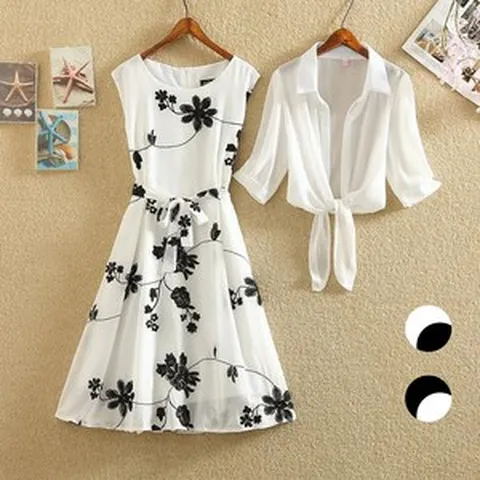 POMTOR 여성 여름 쉬폰 플로움 롱 원피스 빅사이즈 날씬해 하객 투피스 세트