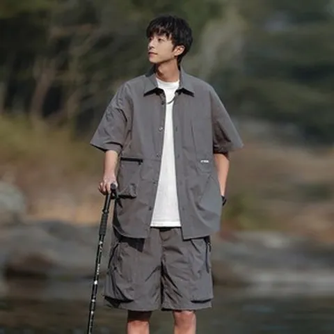 ANYOU 남성 빅사이즈 오버핏 카고반바지 상하세트 아웃도어 남성츄리닝세트