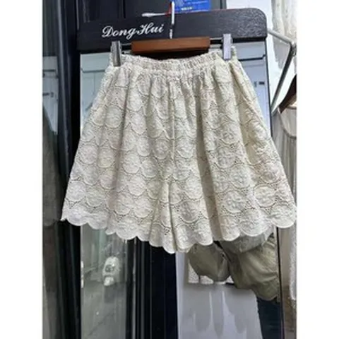 펀칭반바지 베이지 화이트 레이스 5부 통넓은 하이웨스트 여성 팬츠