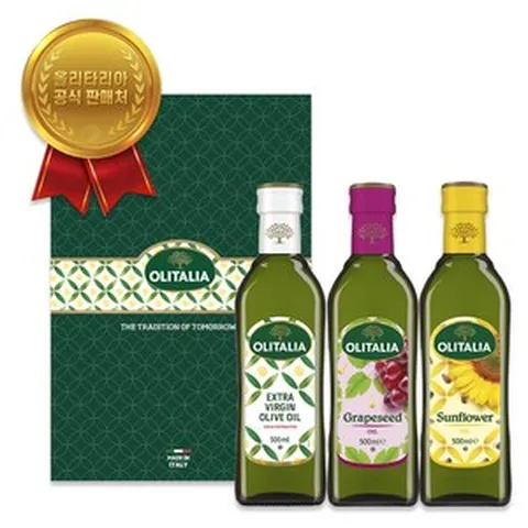 올리타리아 [0124 오전10시 결제 건까지 명절전배송][올리타리아 ]올리브유 500ml + 포도씨유 500ml + 해바라기유 500ml(선물세트), 올리타리아 [0124 오전10시 결제 건까지 명절전배송