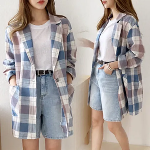 NewCare 여성 린넨자켓 여름 긴팔 체크자켓 루즈핏