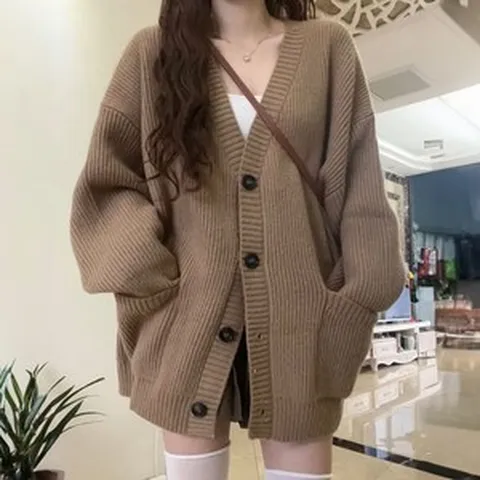 여성 베이직 루즈핏 오버핏 브이넥 단추 투포켓 울 니트 스웨터 가디건 기본루즈핏가디건