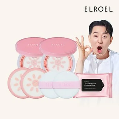 엘로엘 핑크 톤업 선쿠션 본품2+리필2+클렌징티슈_ELROEL