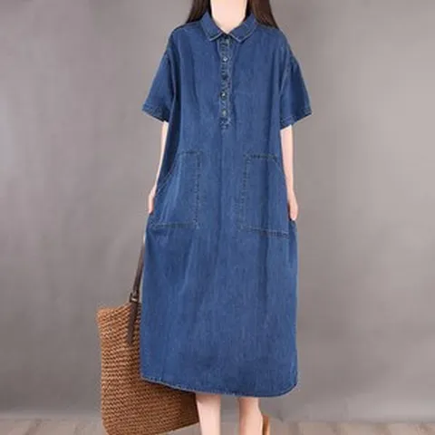 로로희 톰보이 김남주 딘트 캐주얼 슈트 A라인 롱 7부 반팔 데님 원피스 A15