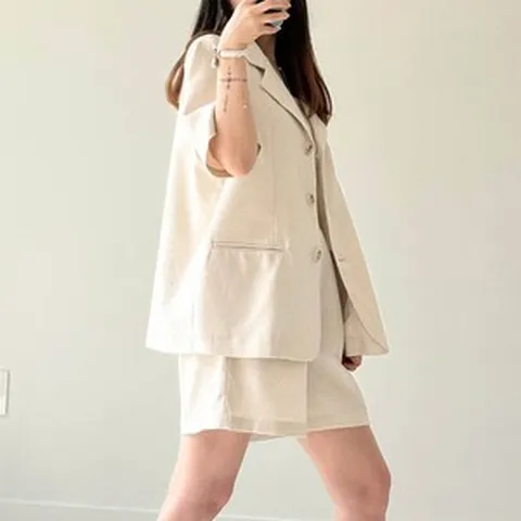여성 린넨투피스 세트 오버핏 반팔 자켓 M L XL 반바지 수트 셋업 긱시크옷