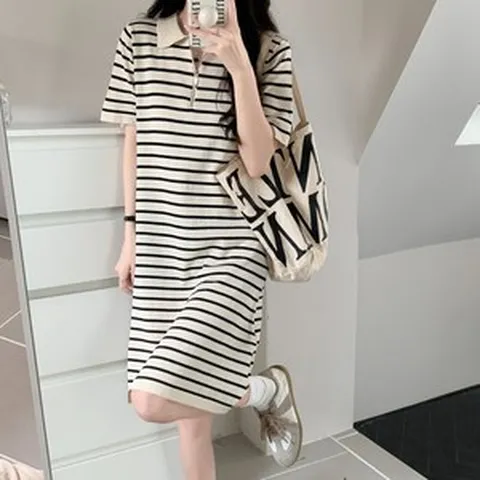 스트라이프 여성 니트 원피스 30대 40대 50대 중년 여성 여름 카라 지퍼 원피스