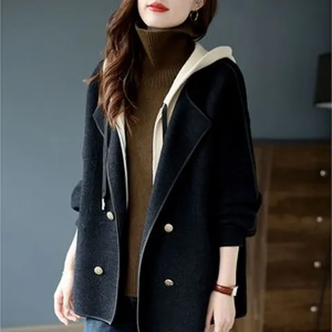 MOSAIRATION신상품 패션 슬림핏 베이직 기질 후드 양면 더블 버튼 모직 코트 U0102105