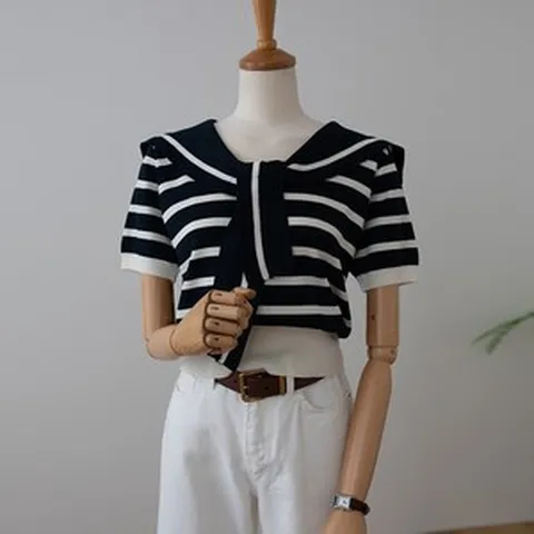 코코젠 코모라 스트라이프 세일러카라 니트