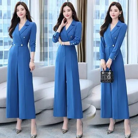 FANSYLI 모던 OL 와이드 점프슈트 여성 봄가을 정장 넥 더블 점프슈트 W8A25