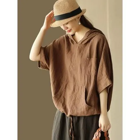 여성 데일리 면 린넨 후드 반팔티셔츠 루즈핏 여름 시원한 심플 무지 반팔 맨투맨 면 마